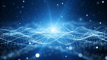 Fototapete - Blue background, digital signature with wave particles, sparkle, veil and space with depth of field. The particles are white light lines, futuristic energy motion, glowing abstract elements