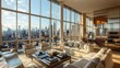 © PRIMPROW - Sophisticated penthouse living room with chic furniture, luxury finishes, and floor-to-ceiling windows overlooking a cityscape