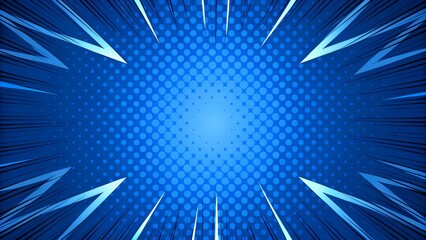 Fototapete - Comic Blue Background With lightning Power Fx Illustration of a powerful comics like page layout background with rays and halftone dots focus on center, superhero theme dynamic energy scene