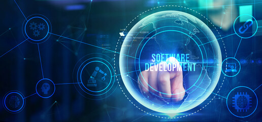 Inscription Software Development on the virtual display. Business, modern technology, internet and networking concept.