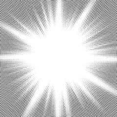 Leinwandbilder - Halftone gradient sun rays pattern. Abstract halftone vector dots background. monochrome dots pattern. Vector background in comic book style with sunburst rays and halftone. Retro pop art design.