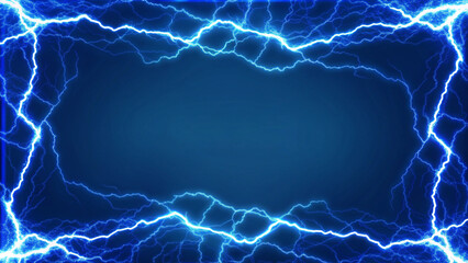 Aufkleber - Rectangle frame with glowing blue electric energy lightning spark effect on dark background, copy space for text, futuristic power border design with light flash on digital backdrop