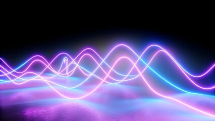 Aufkleber - 3d render, neon light, laser show, impulse, chart, ultraviolet spectrum, pulse power lines, quantum energy, pink blue violet glowing dynamic line, abstract background, reflection, futuristic visual
