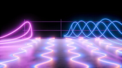 Fototapete - 3d render, neon light, laser show, impulse, chart, ultraviolet spectrum, pulse power lines, quantum energy, pink blue violet glowing dynamic line, abstract background, reflection, futuristic visual