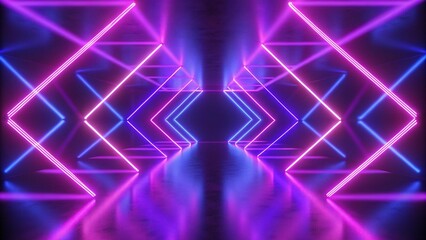 Aufkleber - 3d render, pink blue neon lines, geometric shapes, virtual space, empty room, ultraviolet light, 80's style, retro disco, fashion laser show, abstract background in a futuristic digital environment