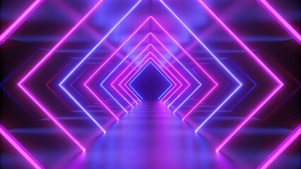 Aufkleber - 3d render, pink blue neon lines, geometric shapes, virtual space, empty room, ultraviolet light, 80's style, retro disco, fashion laser show, abstract background in a futuristic digital environment