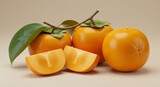 Vibrant Orange Persimmon Fruit Still Life Featuring Detailed Leaves and Sliced Sections on Neutral Backdrop for Product Mockup