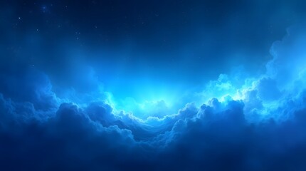 ethereal blue nebula with glowing center and soft clouds. serene, dreamy. ideal for backgrounds, wal