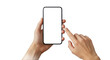 © Splash - Hands holding a smartphone with a blank white screen ready for content and a finger about to tap it