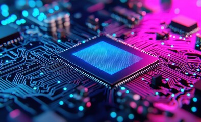 Wall Mural - abstract microchip design with vibrant neon circuit background