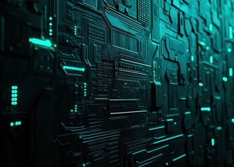 Wall Mural - futuristic circuit board design with neon blue elements and texture