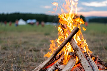 Wall Mural - Outdoor campfire with flames in field setting at dusk