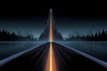 Wall Mural - futuristic cityscape road to illuminated tower.