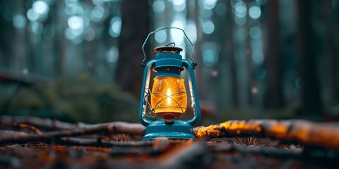 Wall Mural - Rustic lantern illuminating a misty forest with warm glow in twilight