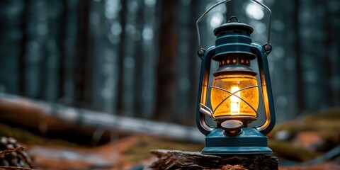 Wall Mural - Vintage lantern illuminating a misty forest with warm light at dusk