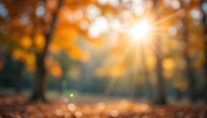 Wall Mural - blurred fall season abstract nature background with bokeh, bright center spotlight, and subtle vigne
