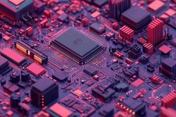 Wall Mural - abstract close-up of colorful circuit board with microchips and chips