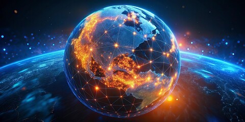 global network connection over earth 3d rendering elements glowing connection lines on technological