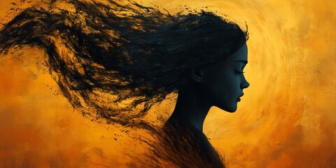 Wall Mural - woman with flowing black hair in golden light