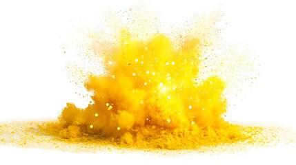 Wall Mural - bright yellow powder explosion with radiant sparkles and soft-focus bokeh on pure white background, 