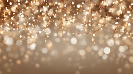 Wall Mural - champagne beige background with retro twinkle lights and floating shimmer bokeh, defocused sparkling