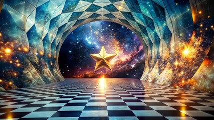 Wall Mural - journey through a cosmic checkerboard tunnel to a golden star