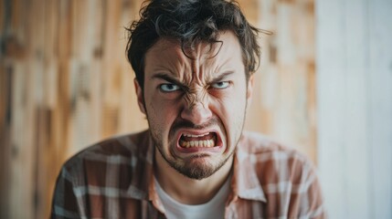 Wall Mural - a portrait of a person in an indoor environment, showing an exaggerated disgust expression as they r