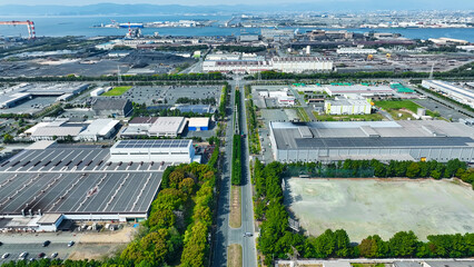 Fototapete - 工場の並ぶ工業地帯の風景空撮