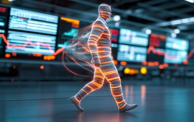 Futuristic Business Person Walking in Digital World
