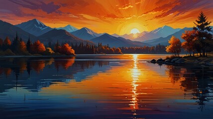 Wall Mural - Oil painting illustration of sunset over lake. Sun reflects in the water. Trees and dark mountains silhouettes.