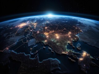 earth from space at night with sunrise