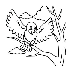 black and white outline illustration of a cartoon bird on a tree branch with clouds