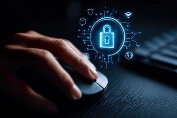 Canvas Print - finger on a mouse with a digital padlock and network symbols on a dark background