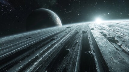 Surreal Extraterrestrial Landscape with Deep Grooves, Distant Planet, and Glowing Horizon, Cosmic Perspective for Futuristic Exploration Scenarios