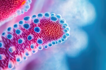Microscopic close-up of vibrant pink and blue flower structure, showcasing intricate details and textures.