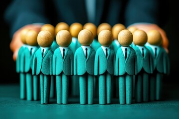Wall Mural - group of wooden business figures in suits representing leadership and teamwork in corporate environm