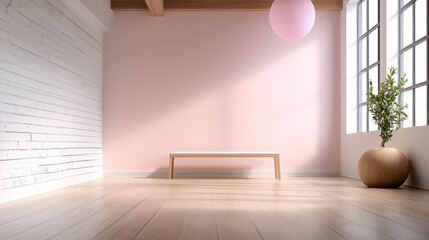 Poster - minimalist yoga studio featuring serene pink wall, wooden ceiling beams, and simple bench. Natural light streams through large windows, creating calming atmosphere