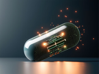 Leinwandbilder - futuristic capsule with metallic blue design, featuring glowing circuits and sparks, symbolizes advanced technology and innovation in healthcare