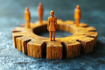 Wall Mural - wooden figurines representing teamwork and collaboration around a circular gear on textured backgrou