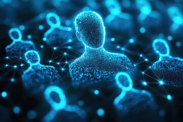 Wall Mural - digital representation of human figures created from blue light particles against a dark background,