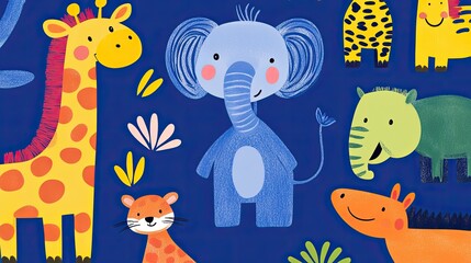  Adorable Jungle Animals Illustration: A Colorful Childrens Book Page Featuring Cute Giraffe, Elephant, Tiger, Tapir and More