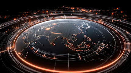 Poster - Futuristic digital globe with glowing lines and dots representing Asia, showcasing high tech network and data visualization. vibrant colors create dynamic atmosphere