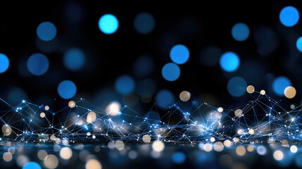 Poster - mesmerizing abstract background featuring network of glowing blue and golden dots interconnected by fine lines, creating sense of depth and movement. This evokes feeling of innovation
