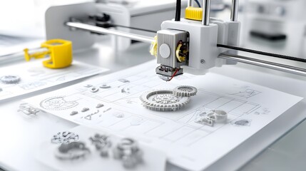 Poster - A 3D printer meticulously building a complex mechanical part by depositing material layer by layer on a clean minimalist white background