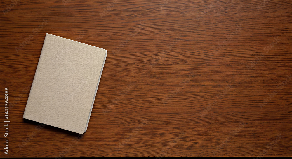 Blank Beige Notebook on Brown Wooden Table Top