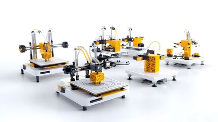 Leinwandbilder - A high tech 3D printing farm with various advanced operating in a clean white laboratory environment showcasing the latest advancements in additive manufacturing and digital fabrication technology