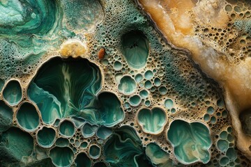 Aufkleber - Abstract art depicting a mesmerizing blend of teal and gold, featuring a unique cellular pattern and a small insect.