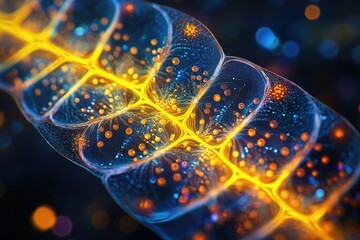 Poster - Abstract microscopic view of a glowing, segmented structure with vibrant, interconnected particles.