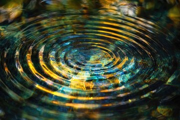 Aufkleber - Vibrant concentric ripples expanding outwards on a dark teal water surface, reflecting golden light.