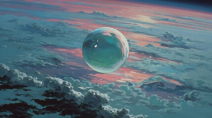 Wall Mural - a shimmering, glass-like planet orbiting a dying sun, 90s anime, generative ai